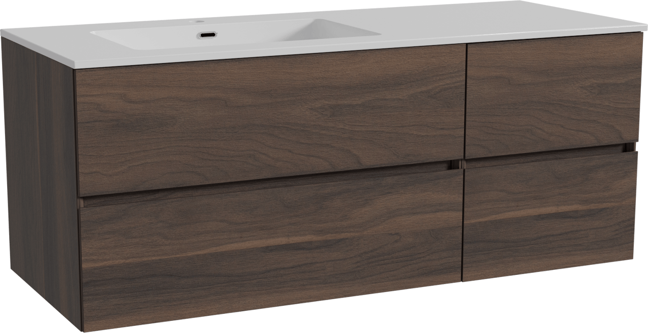 Storke Edge zwevend badkamermeubel 130 x 52 cm notelaar met Diva asymmetrisch linkse wastafel in composietmarmer glanzend wit