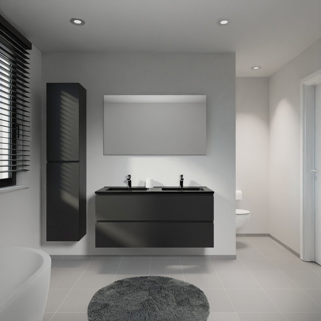 Linie Lado meuble salle de bains suspendu 120 x 46 cm noir mat avec Vano double vasque en marbre composite noir mat