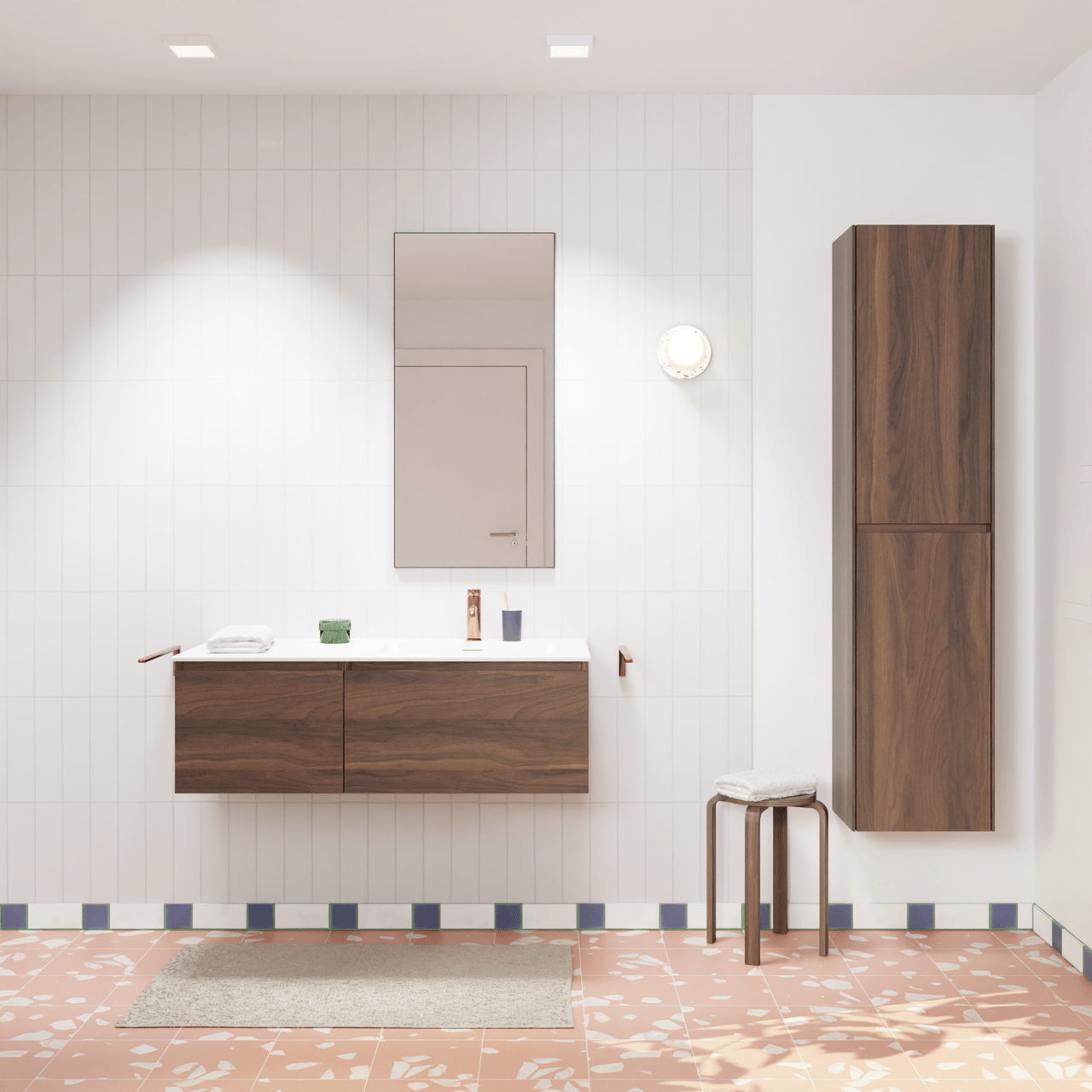 Storke Edge meuble salle de bains suspendu 120 x 52 cm noyer avec Diva vasque asymétrique droite en marbre composite blanc brillant