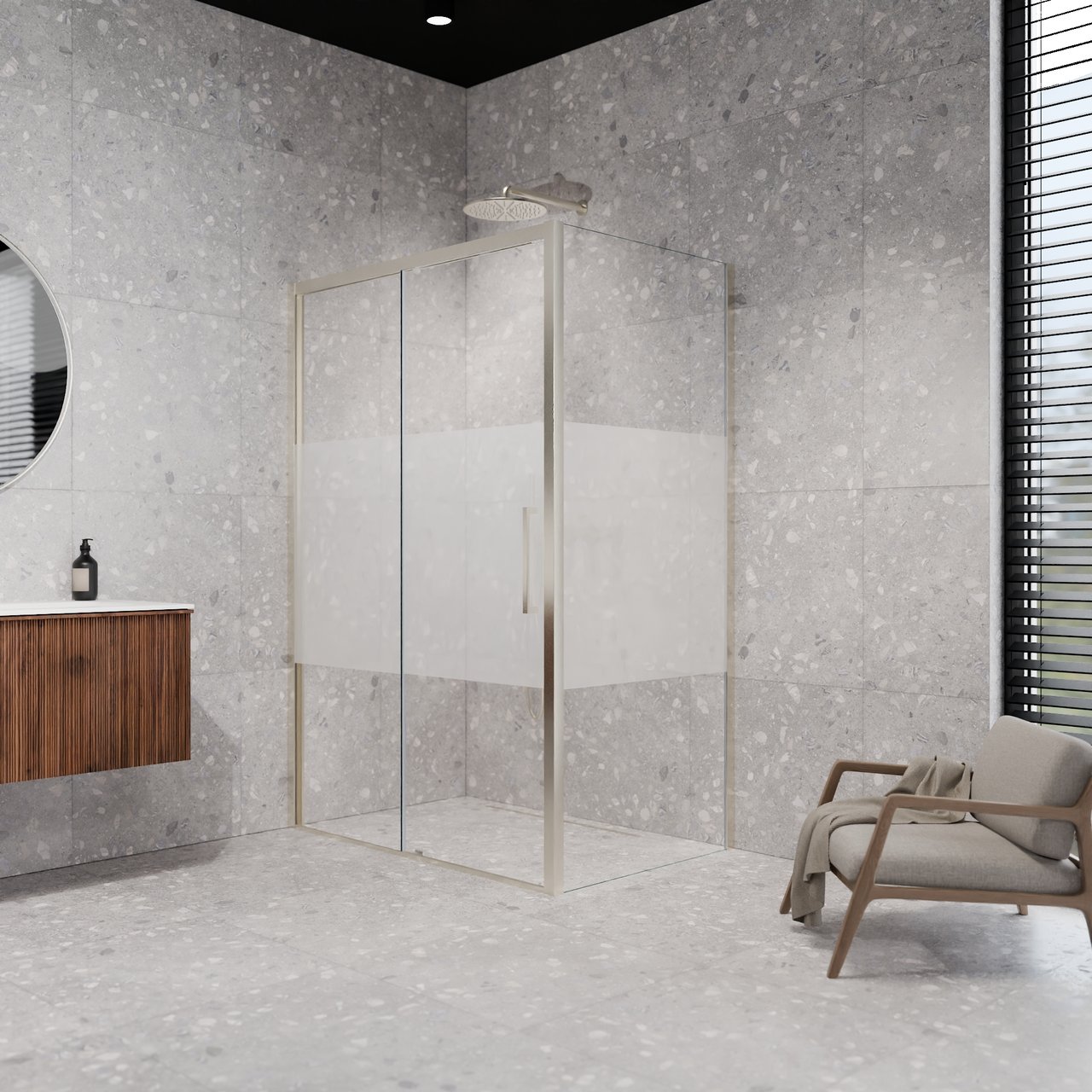 Balmani Senses Design douchehoek met linkse schuifdeur en vaste zijwand, 120 x 100 cm, Helder glas met matte strook, Brushed CoolMetal profielen, met coating