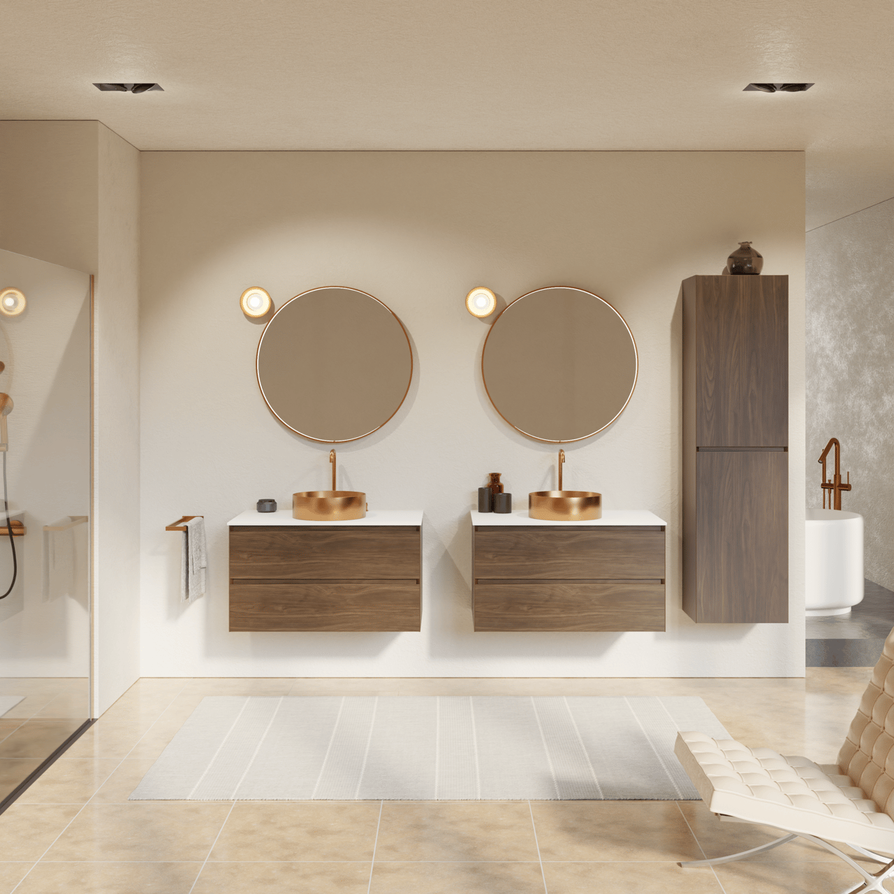 Balmani Mitra meuble salle de bains suspendu 90 x 55 cm noyer américain avec Stretto tablette simple en solid surface blanc mat