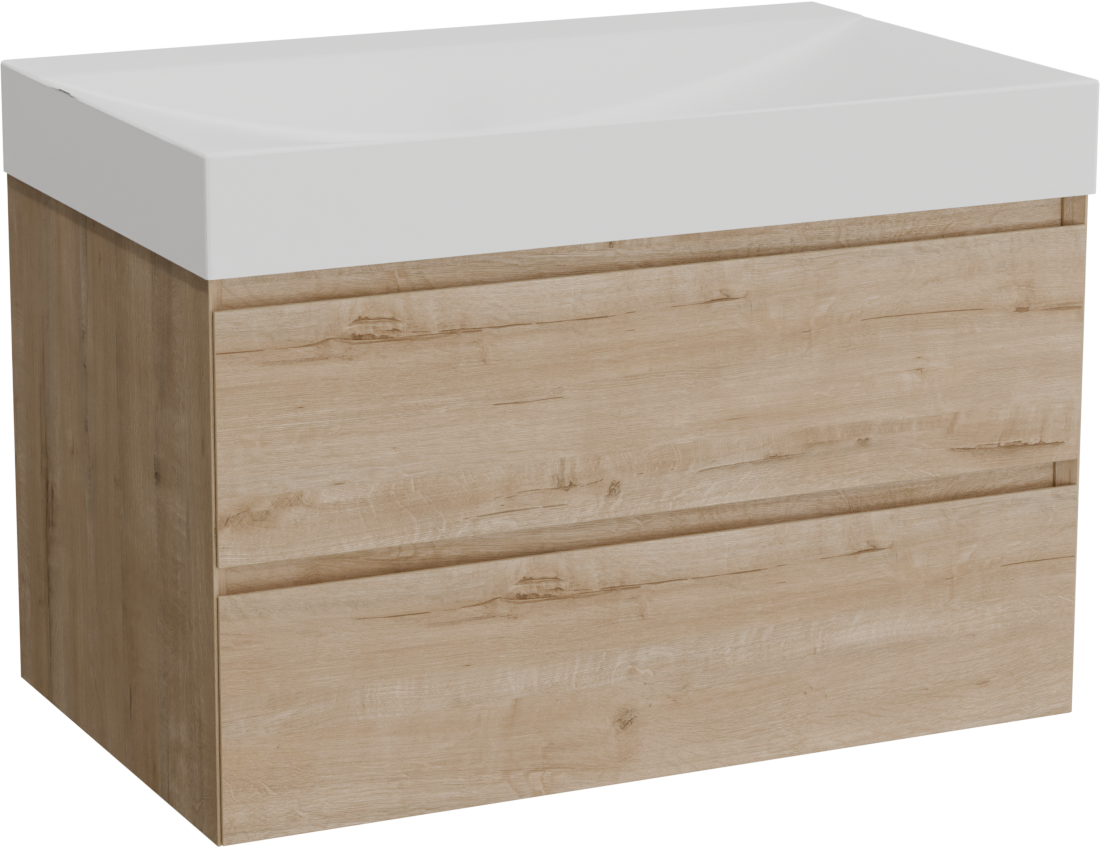 Balmani Mitra zwevend badkamermeubel 90 x 55 cm ruwe eik met Wave enkele wastafel in solid surface mat wit