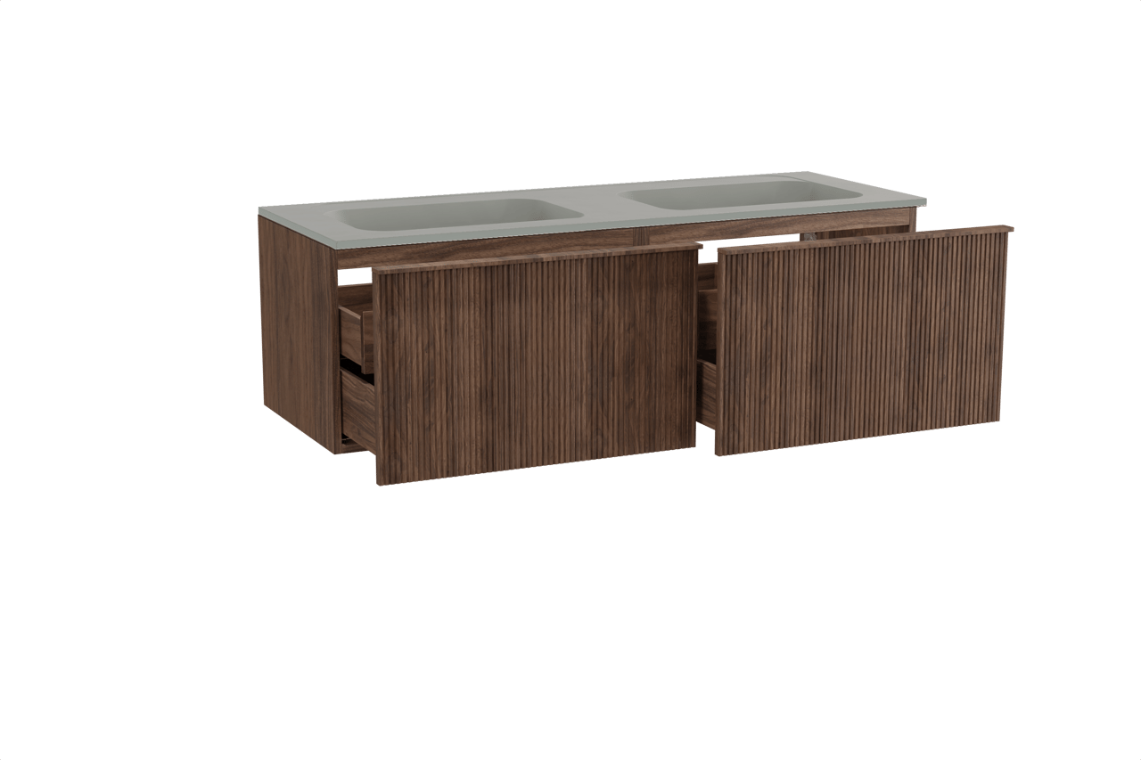 Balmani Forma zwevend badkamermeubel 150 x 55 cm amerikaanse notelaar met Tablo Strada dubbele wastafel in composietmarmer zijdegrijs, Verticale symmetrische rechte ribbel