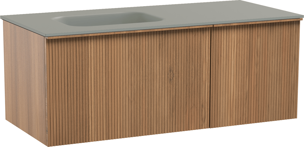 Balmani Forma zwevend badmeubel 120 x 55 cm teakhout met Tablo Arcato asymmetrisch linkse wastafel in solid surface steengrijs, Verticale symmetrische rechte ribbel