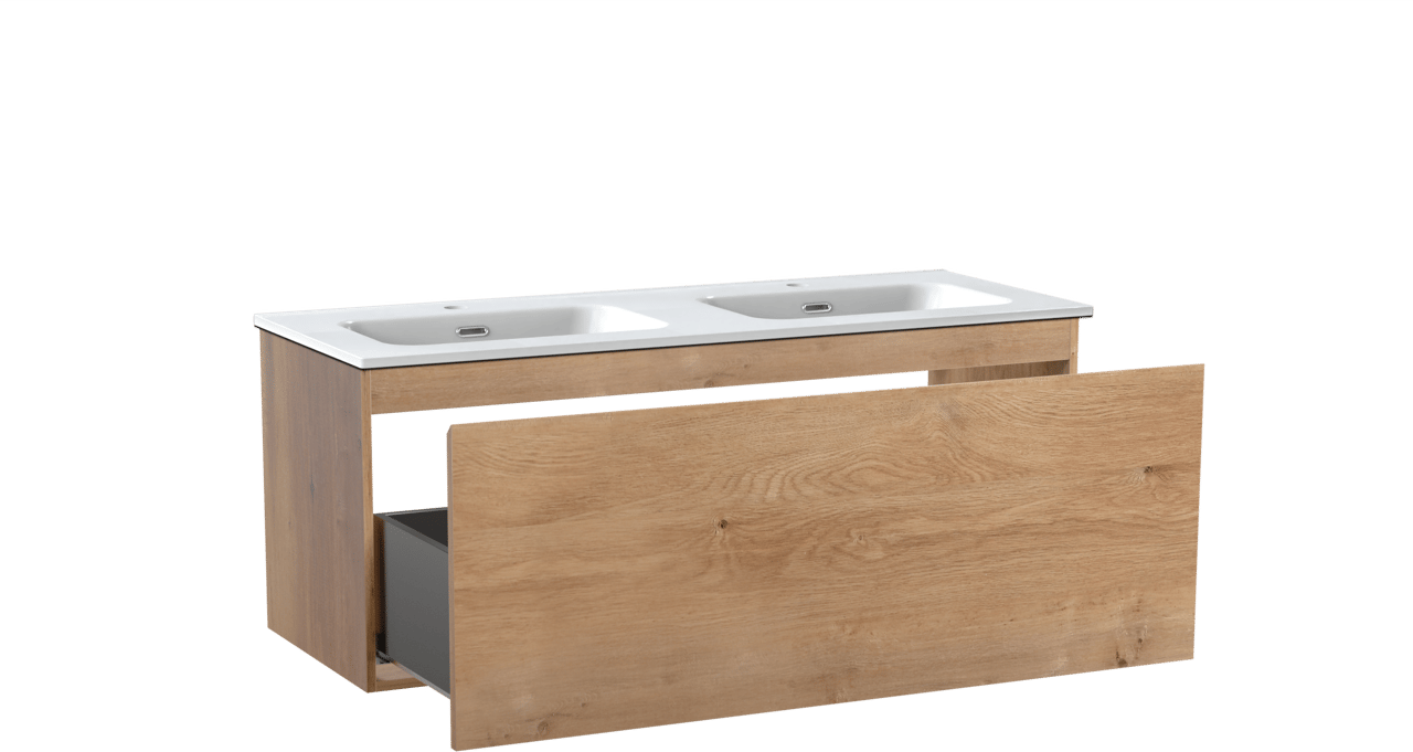 Linie Lado zwevend badkamermeubel 120 x 46 cm natuur eik met Baro dubbele wastafel in porselein glanzend wit