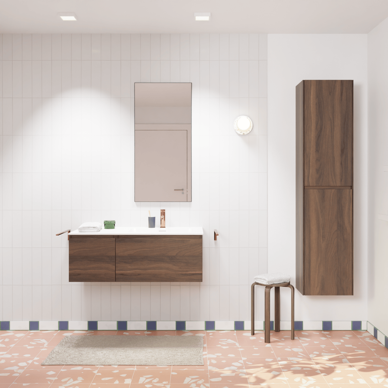 Storke Edge zwevend badmeubel 100 x 52 cm notenhout met Mata asymmetrisch rechtse wastafel in solid surface mat wit