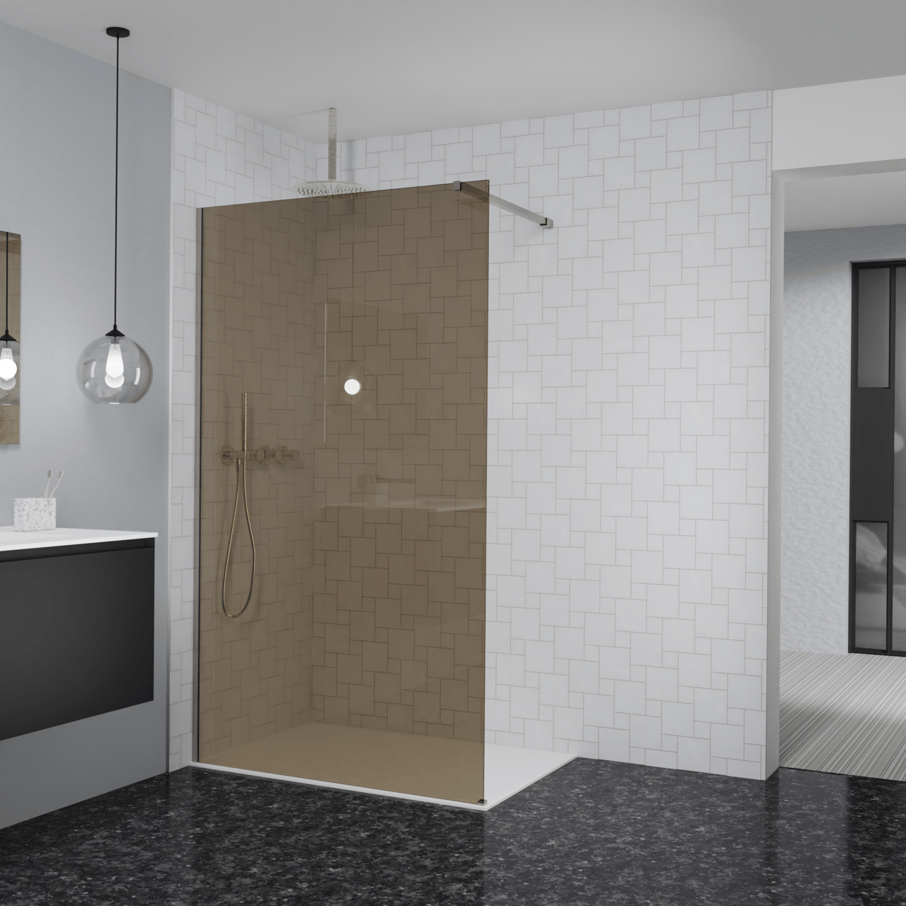 Balmani Modular Walk-In Dusche: 120 x 200 cm, Bronze Glas, inklusive Coating, Profil Brushed CoolMetal