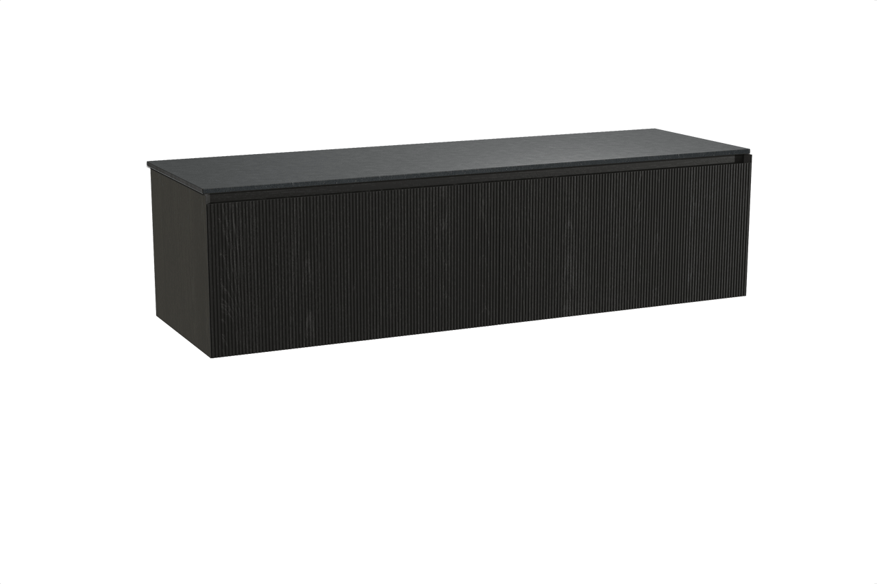 Balmani Fila hängendes Möbelstück Set: 180 x 55 cm, Schwarze Eiche, mit Stretto Einzel- oder Doppel Waschtischplatte, Granit, Schwarzes Granit, Vertikale symmetrische gerade Rippe