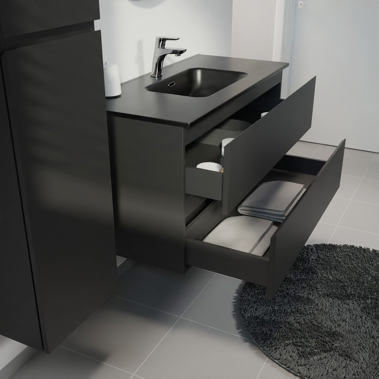 Linie Lado hängendes Möbelstück Set: 100 x 46 cm, Schwarz matt, mit Baro Einzelwaschtisch, Porzellan Schwarz matt