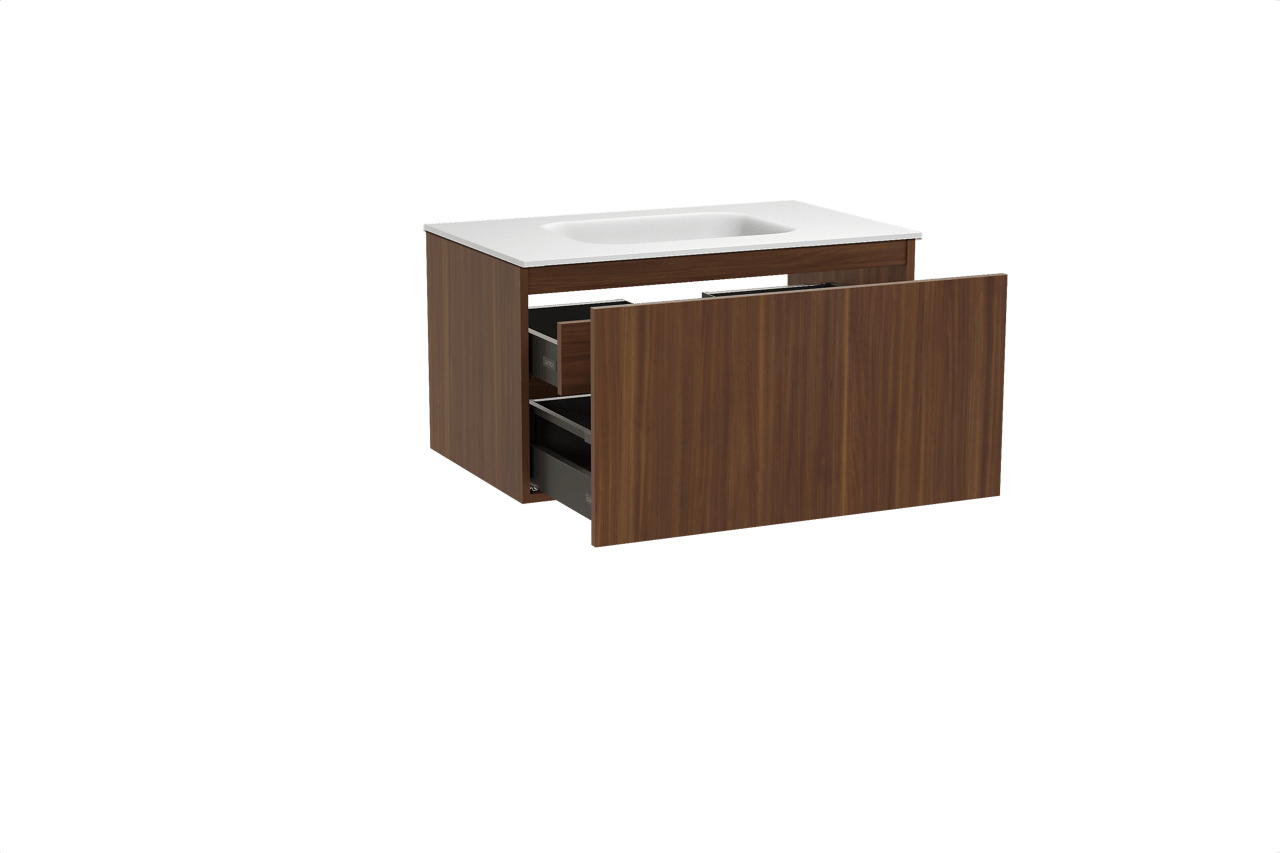 Balmani Sfera hängendes Möbelstück Set: 90 x 55 cm, Amerikanischer Nussbaum, mit Tablo Arcato Einzelwaschtisch, Solid Surface Weiß matt