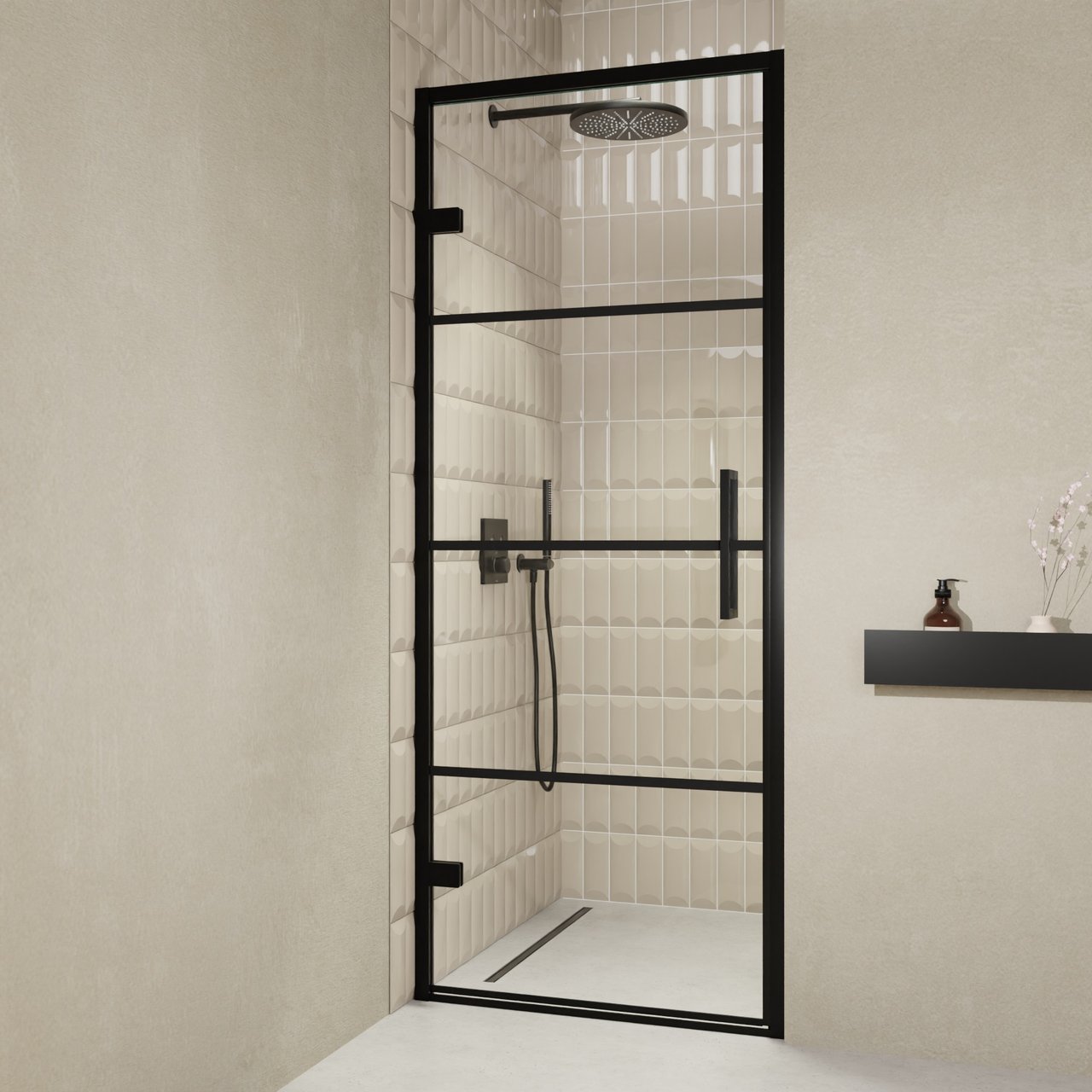 Balmani Senses Design porte pivotante à gauche 90 cm x 210 cm verre Lined, Profil noir, coating inclus