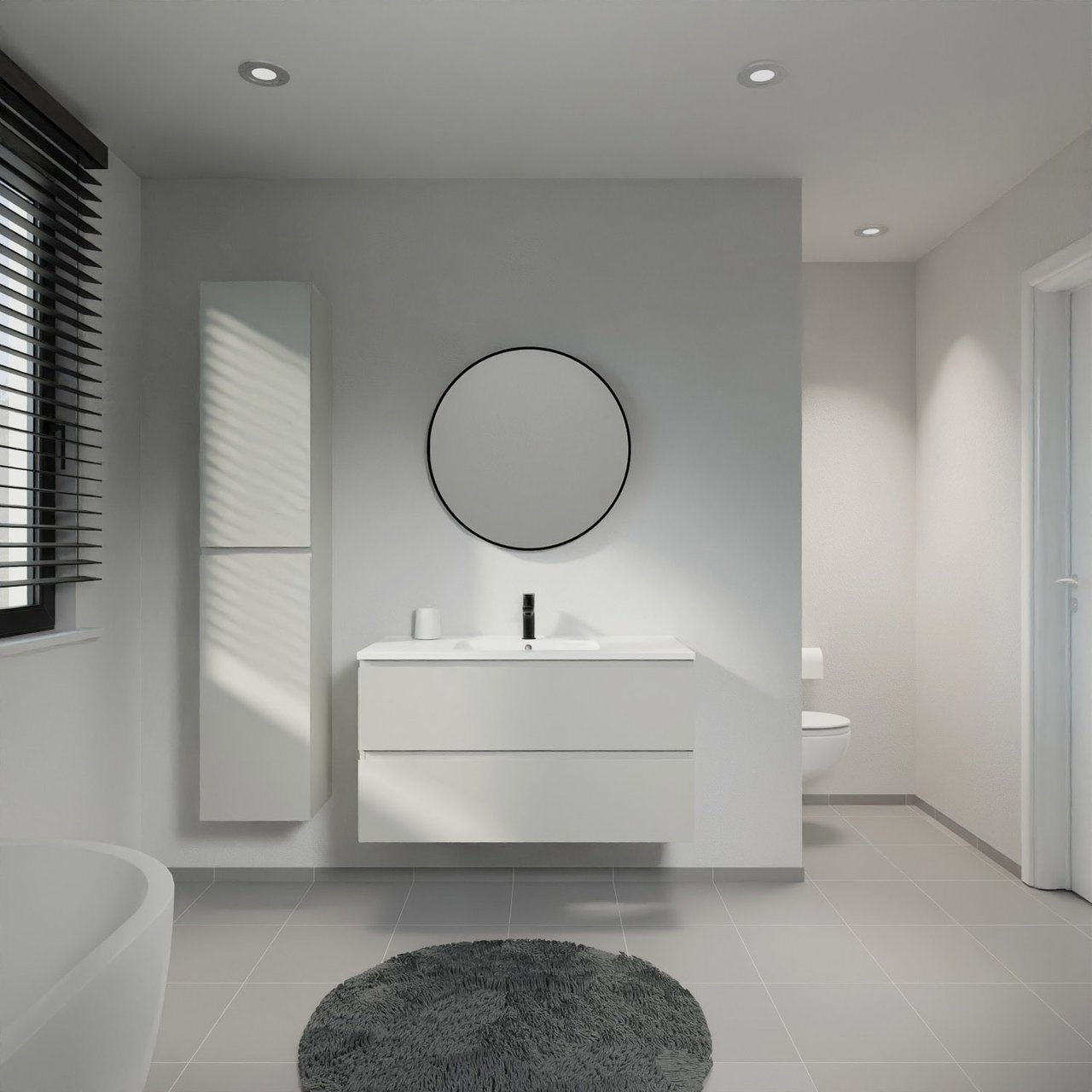 Linie Lado hängendes Möbelstück Set: 100 x 46 cm, Greige, mit Vano Einzelwaschtisch, Marmorkomposit Weiß matt