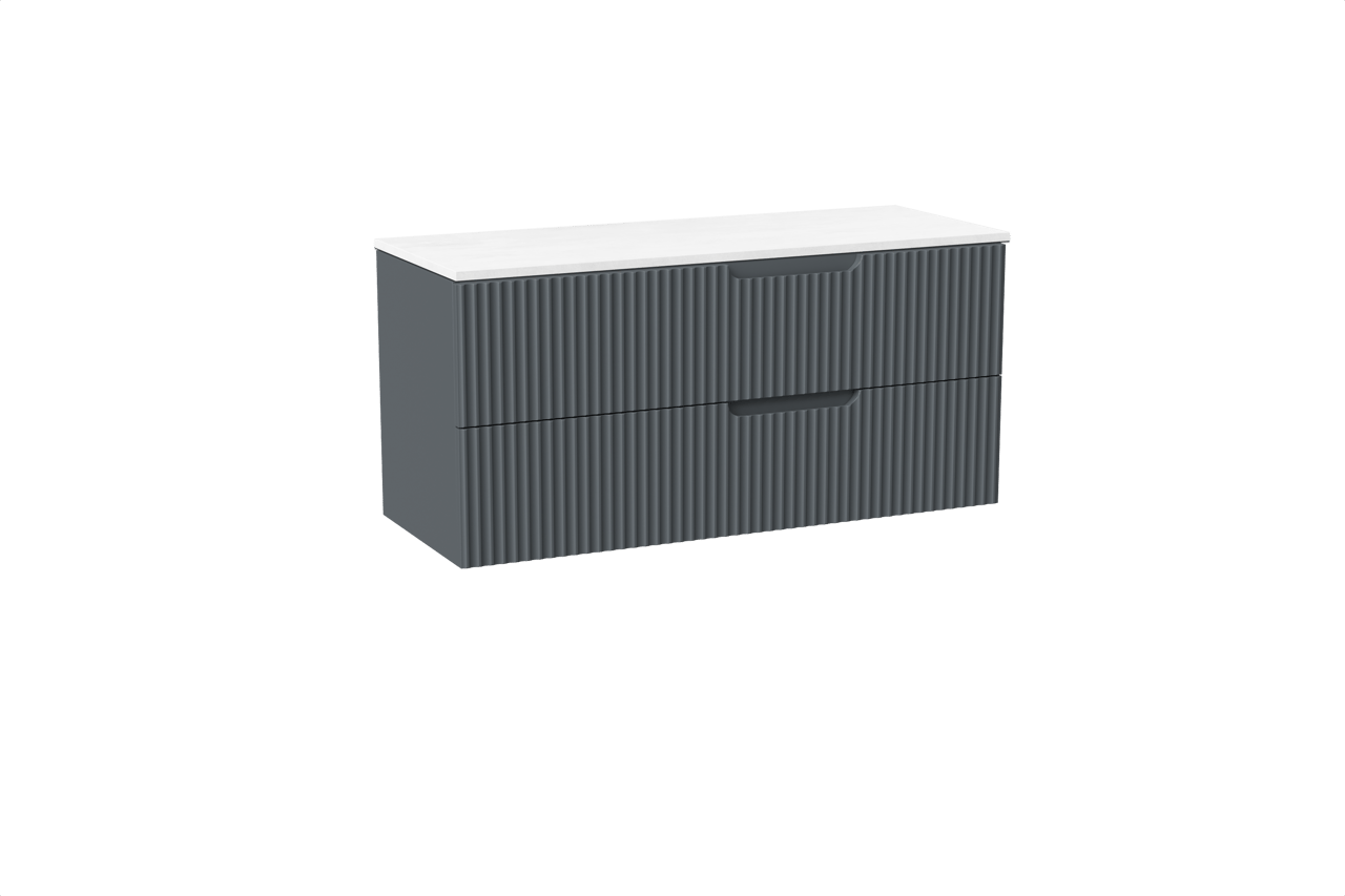 Linie Ribbo zwevend badkamermeubel 120 x 46 cm blauw antraciet met Lado dubbel tablet in composietmarmer glanzend wit, Verticale symmetrische ronde ribbel