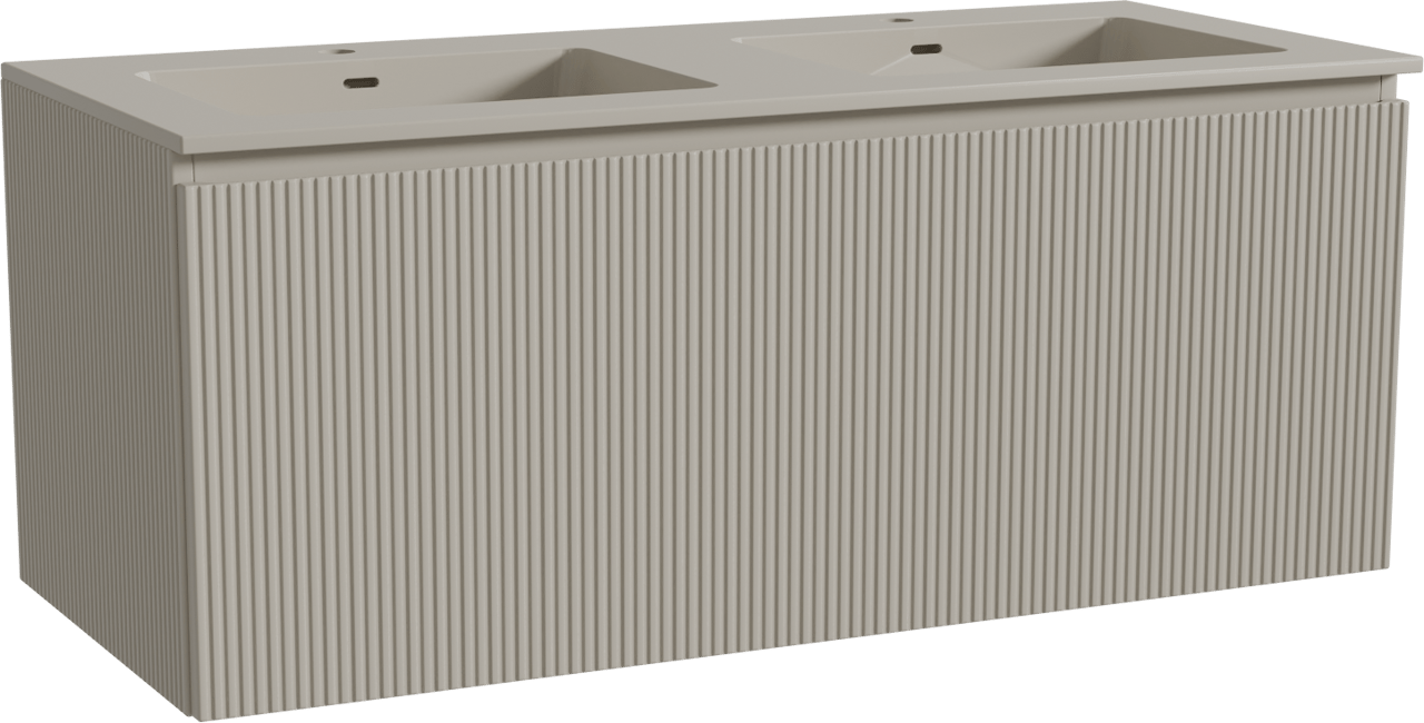 Storke Ribs meuble salle de bains suspendu 120 x 52 cm soie grise avec Diva double vasque en top solid soie grise, Nervure droite symétrique verticale