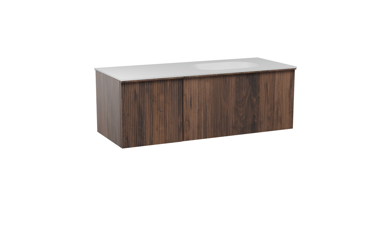 Balmani Forma meuble salle de bains suspendu 135 x 55 cm noyer américain avec Tablo Oval vasque asymétrique droite en solid surface blanc mat, Nervure droite symétrique verticale