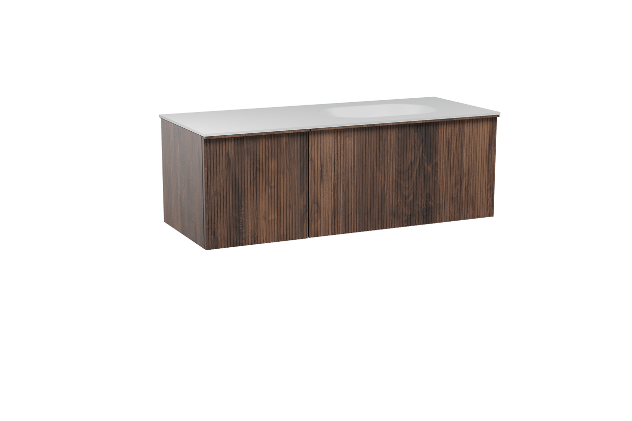 Balmani Forma hängendes Möbelstück Set: 135 x 55 cm, Amerikanischer Nussbaum, mit Tablo Oval Waschtisch rechts, Solid Surface, Weiß matt, Vertikale symmetrische gerade Rippe