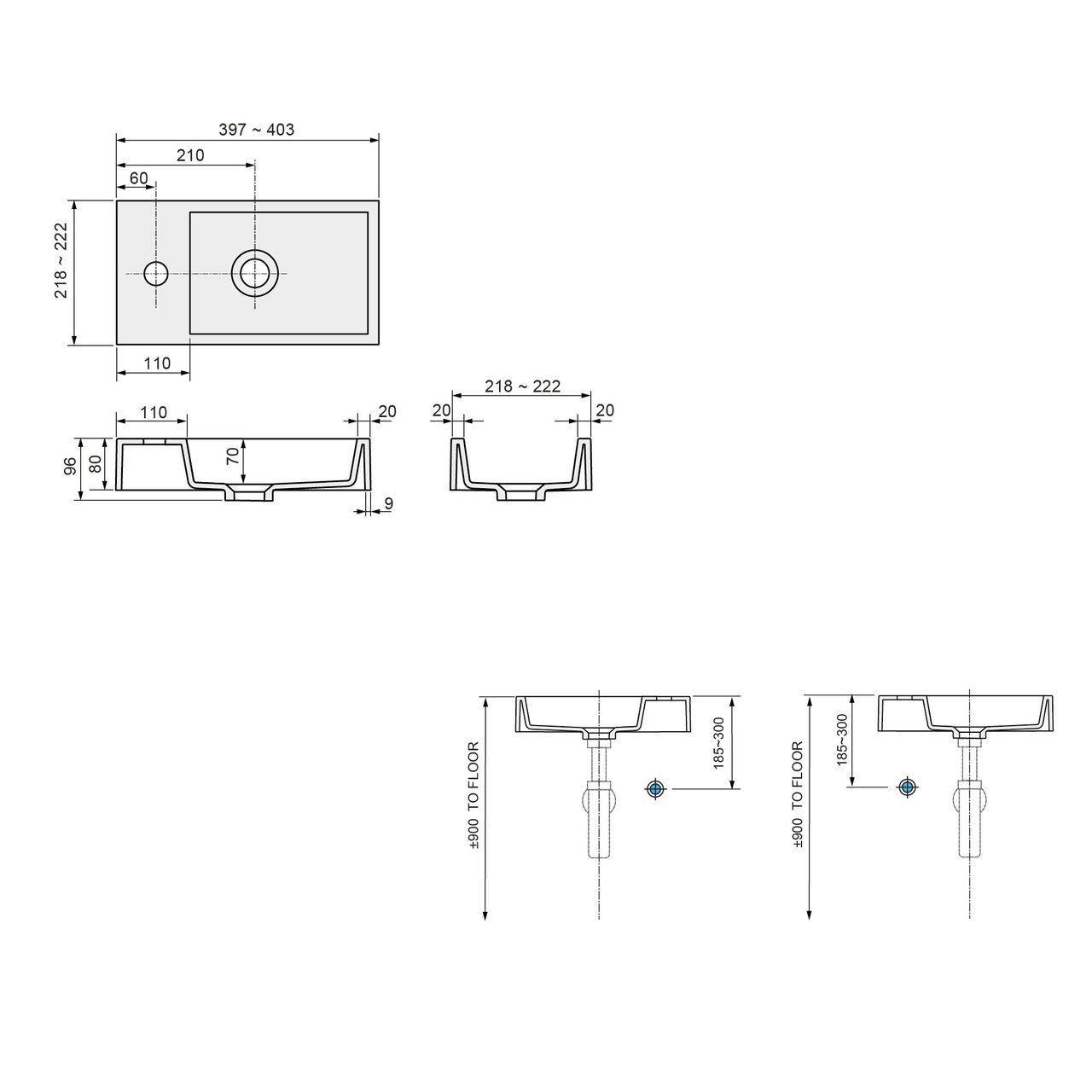 Storke Edge hängendes Badmöbel Set (Gäste WC): 40 x 22 cm, Eiche rustikal, Vida Waschtisch, Marmorkomposit, glänzend