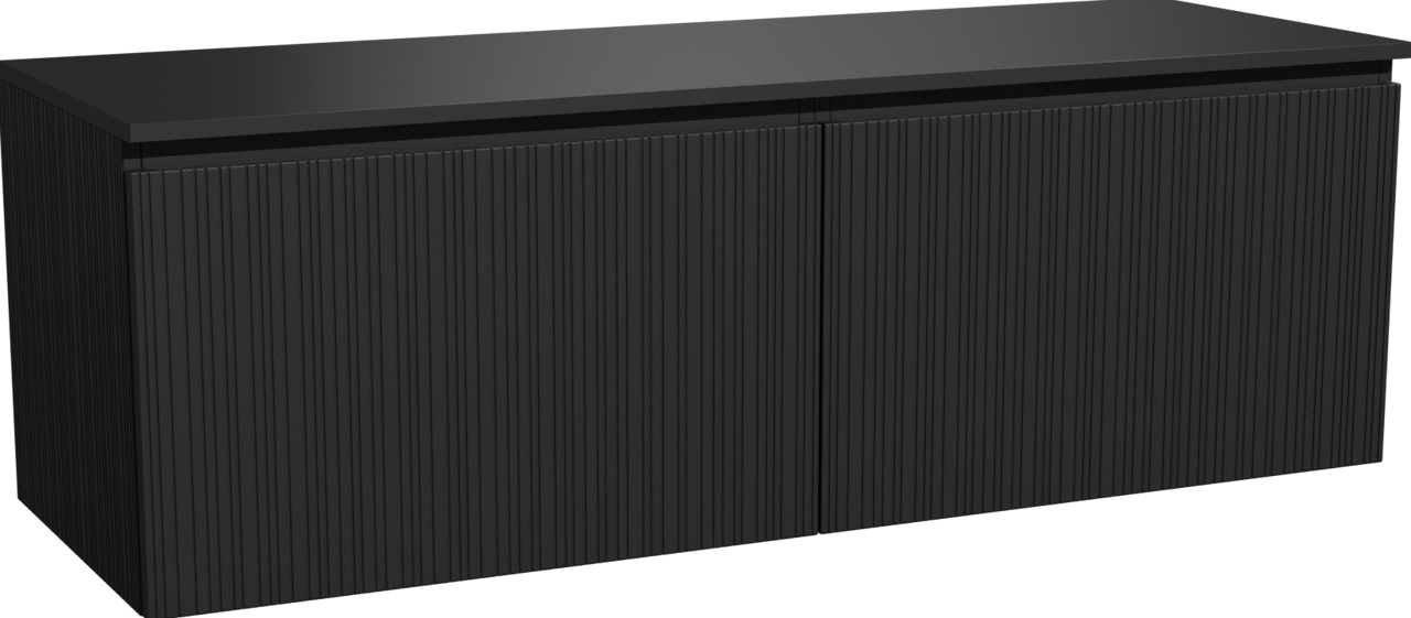 Storke Ribs hängendes Möbelstück Set: 150 x 52 cm, Schwarze Eiche, mit Panton Einzel- oder Doppel Waschtischplatte, Pulverbeschichtetes MDF, Schwarz matt, Vertikale asymmetrische gerade Rippe