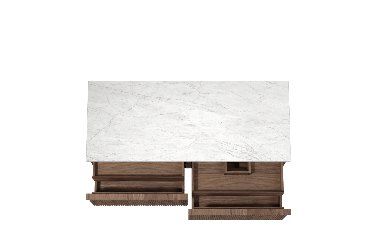 Balmani Forma hängendes Möbelstück Set: 135 x 55 cm, Amerikanischer Nussbaum, mit Stretto Einzel- oder Doppel Waschtischplatte, Marmor, Carrara, Vertikale symmetrische gerade Rippe