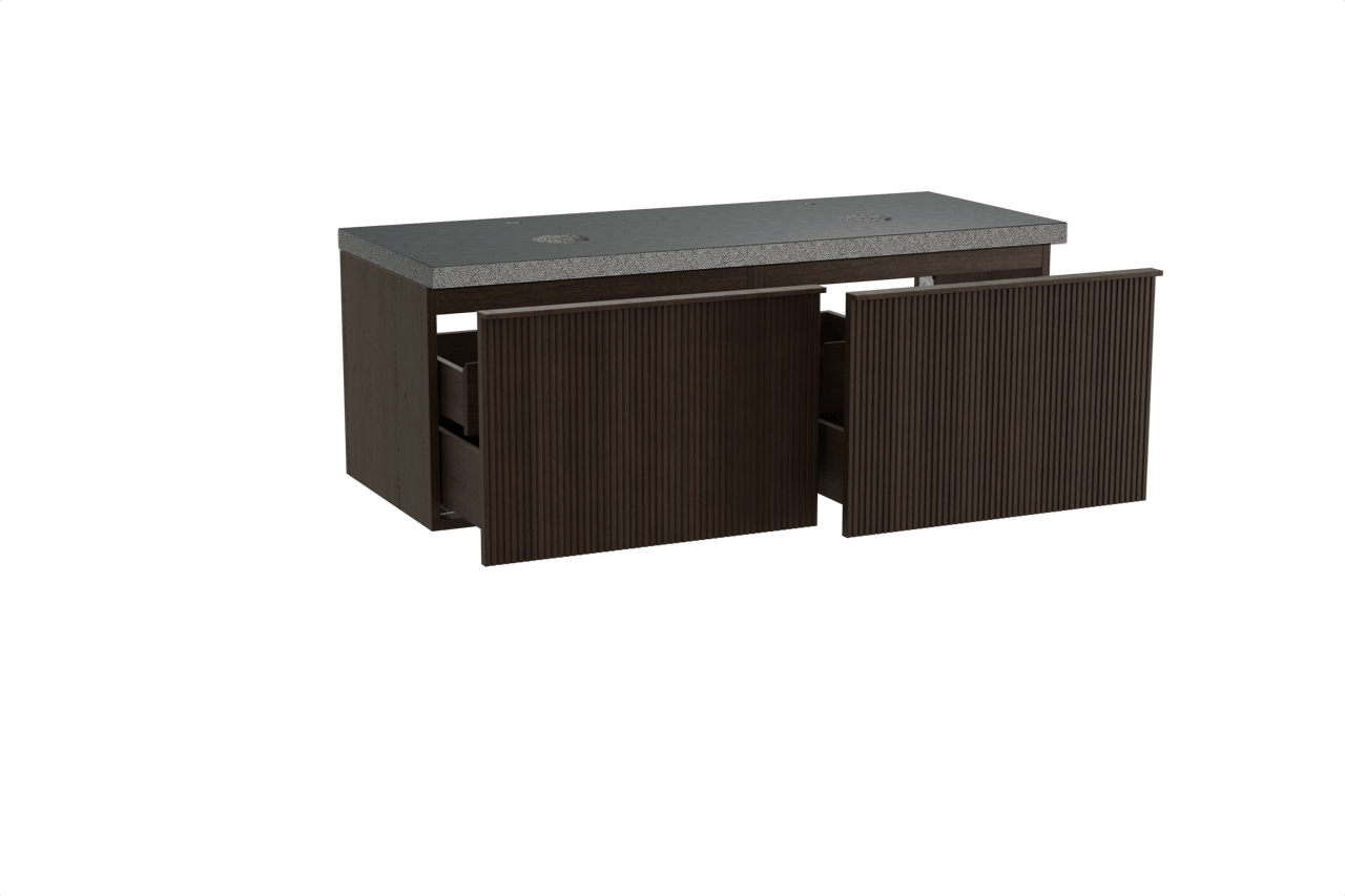 Balmani Forma hängendes Möbelstück Set: 135 x 55 cm, Geräucherte Eiche, mit Rock Doppel Waschtischplatte, Granit, Schwarzes Granit, Vertikale symmetrische gerade Rippe