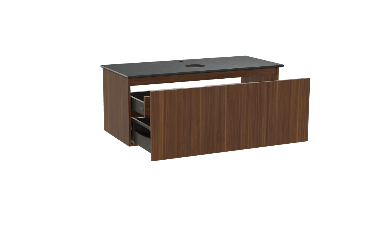 Balmani Sfera hängendes Möbelstück Set: 120 x 55 cm, Amerikanischer Nussbaum, mit Facetta Einzel Waschtischplatte, Schwarzes Granit