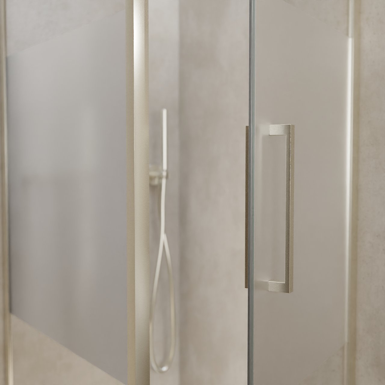 Balmani Senses Design Eckdusche: Drehtür (Rechts) mit fixierte Seitenwand, 90 x 90 cm, Klarglas mit mattiertem Streifen, Profil Brushed CoolMetal