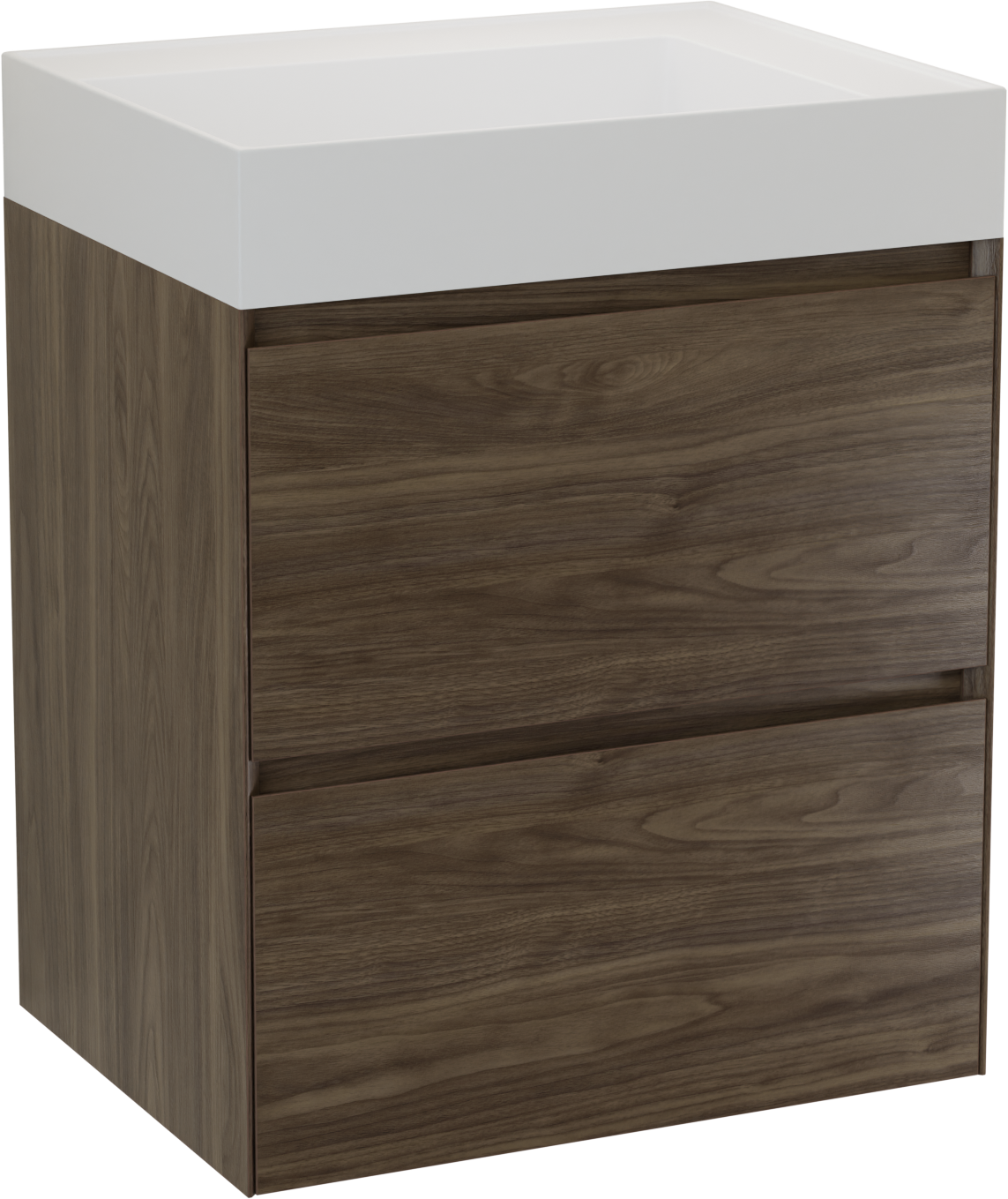 Balmani Mitra Compact hängendes Möbelstück Set: 60 x 46 cm, Amerikanischer Nussbaum, mit Argila Waschtisch links Marmorkomposit matt Weiβ