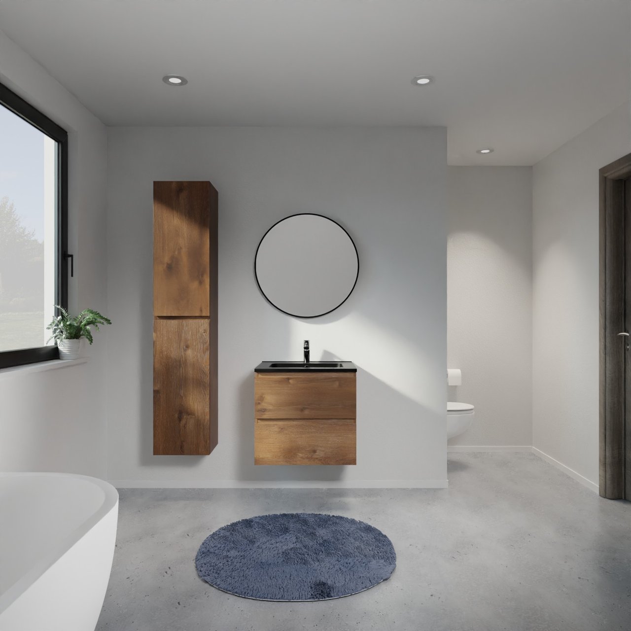 Linie Lado zwevend badmeubel 60 x 46 cm bruin eiken met Vano enkele wastafel in composietmarmer mat zwart