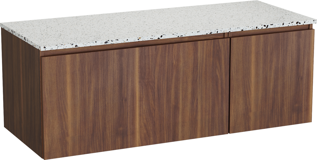 Balmani Sfera zwevend badkamermeubel 135 x 55 cm amerikaanse notelaar met Stretto enkel of dubbel tablet in mat wit/zwart terrazzo