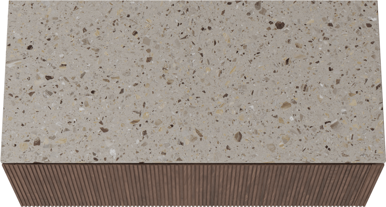 Balmani Eclips zwevend badkamermeubel 120 x 55 cm Amerikaanse notelaar met Stretto enkel of dubbel tablet in Greige terrazzo, Verticale symmetrische rechte ribbel