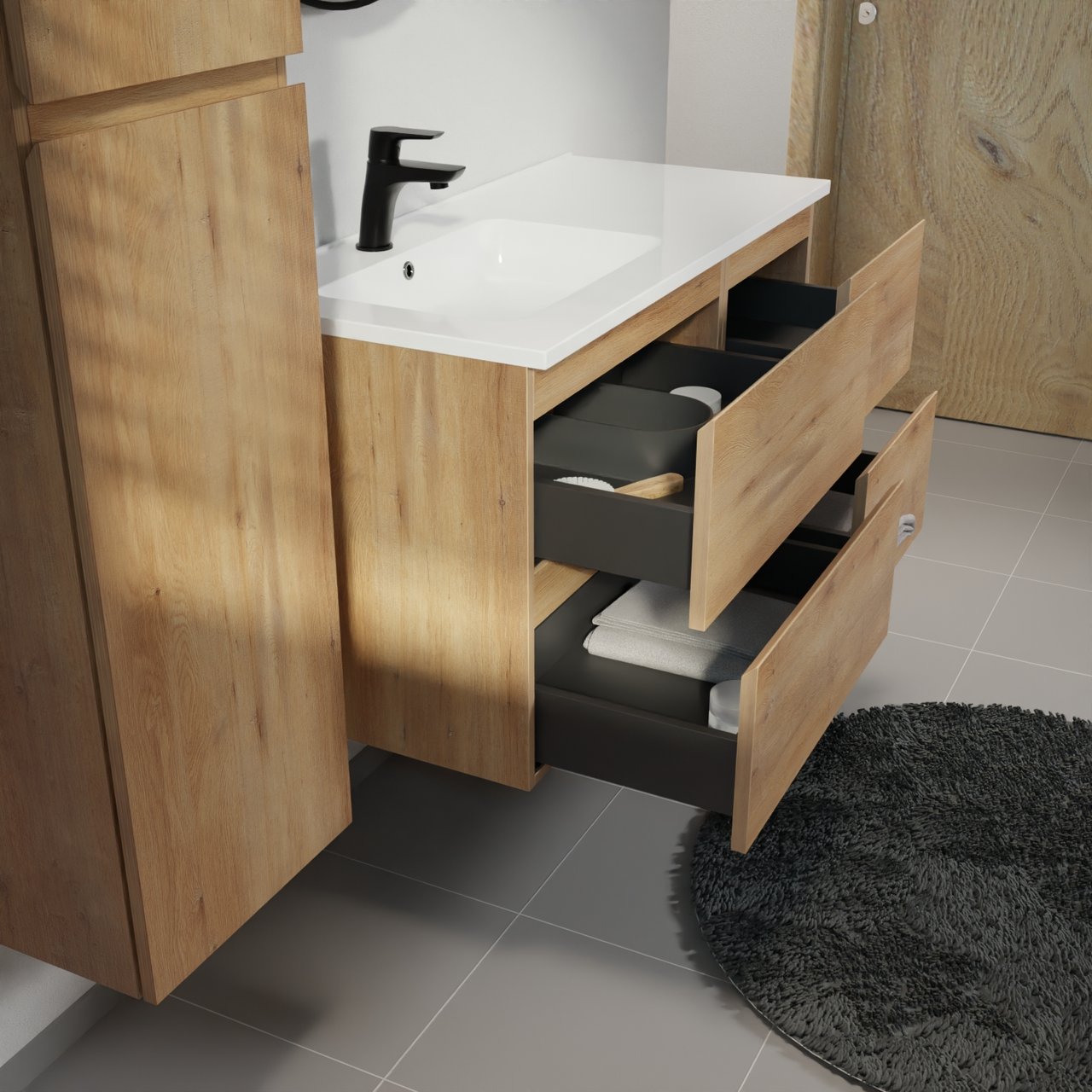 Linie Lado meuble salle de bains suspendu 100 x 46 cm chêne naturel avec Vano plan vasque asymétrique à gauche en marbre composite blanc brillant