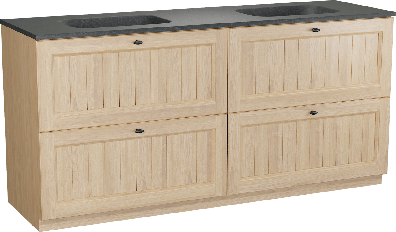 Balmani Lemon freistehendes Möbelstück Set: 180 x 55 cm, Naturbelassene Eiche Furnier, mit Tablo Arcato Doppelwaschtisch, Schwarzes Granit