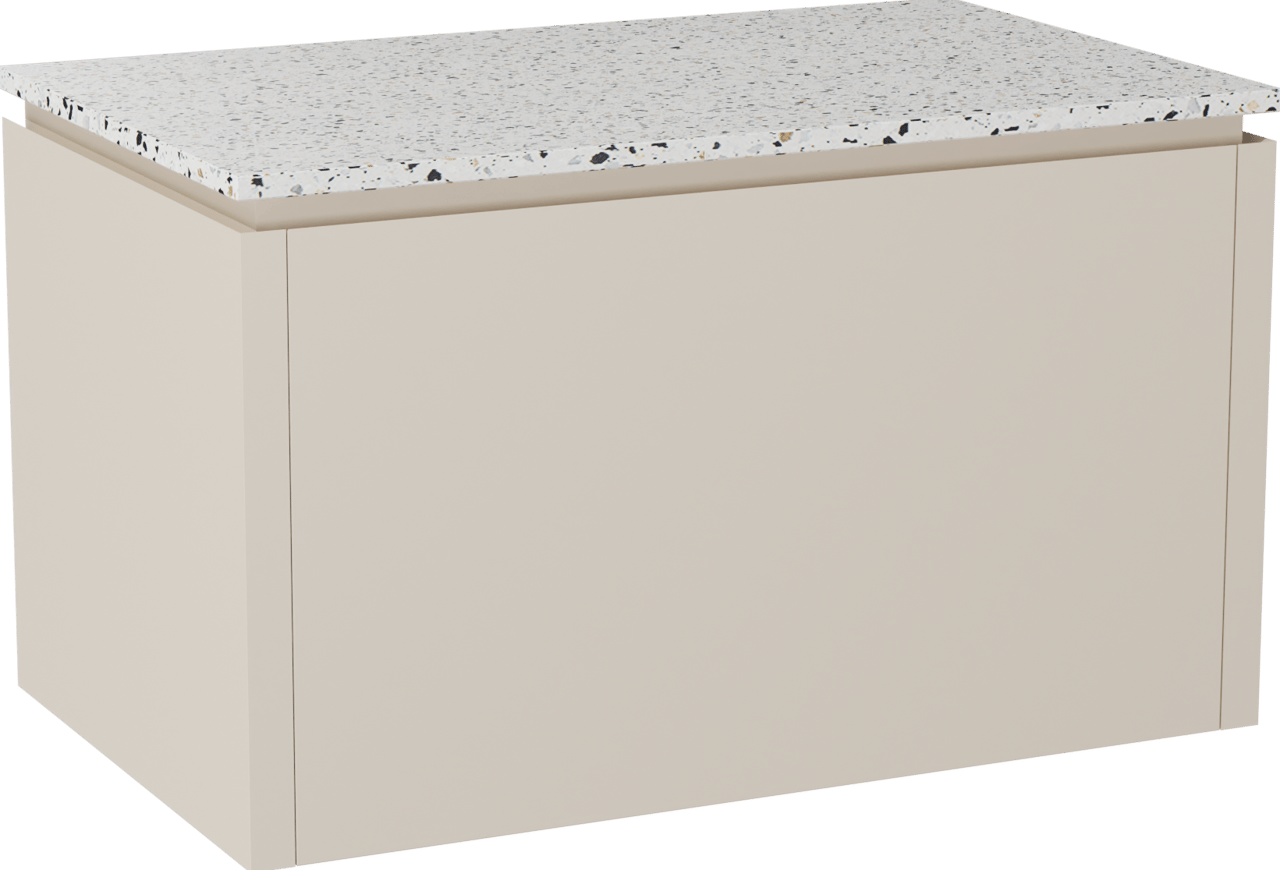 Balmani Eclips hängendes Möbelstück Set: 90 x 55 cm, Sandbeige, mit Stretto Einzel Waschtischplatte Bianco Nero Terrazzo