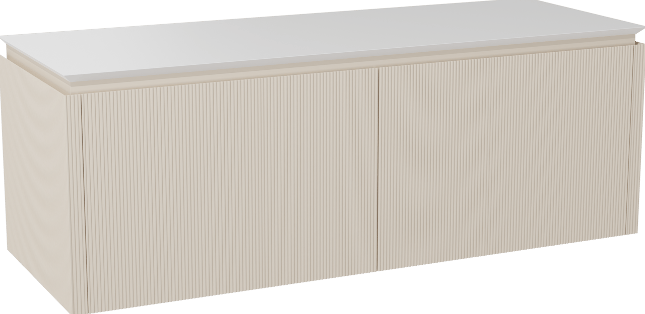 Balmani Eclips zwevend badkamermeubel 150 x 55 cm Sandbeige met Eclips enkele of dubbele tablet in Solid Surface mat wit, Verticale symmetrische rechte ribbel