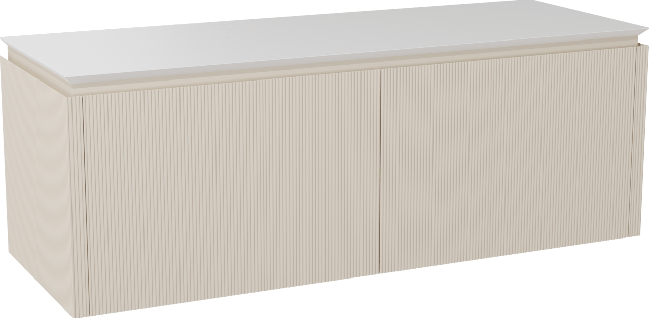 Balmani Eclips meuble salle de bains suspendu 150 x 55 cm Sandbeige avec Eclips tablette simple ou double vasque en Solid Surface blanc mat, Nervure droite symétrique verticale