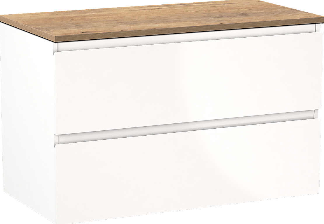 Linie Lado meuble salle de bains suspendu 90 x 46 cm blanc brillant avec Lado tablette simple en mélaminé chêne naturel