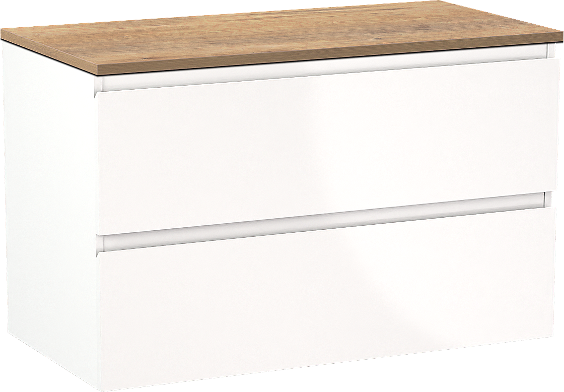 Linie Lado meuble salle de bains suspendu 90 x 46 cm blanc brillant avec Lado tablette simple en mélaminé chêne naturel