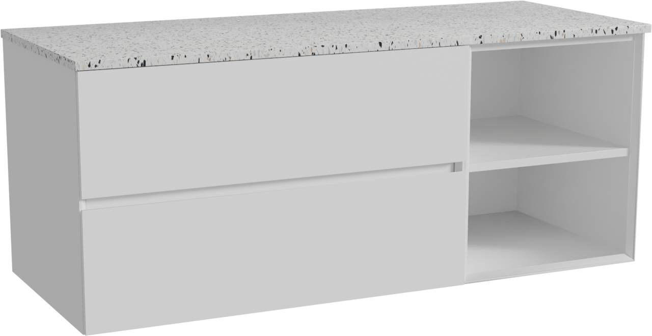 Storke Edge meuble salle de bains suspendu 130 x 52 cm blanc mat avec Tavola tablette simple ou double en blanc/noir mat terrazzo