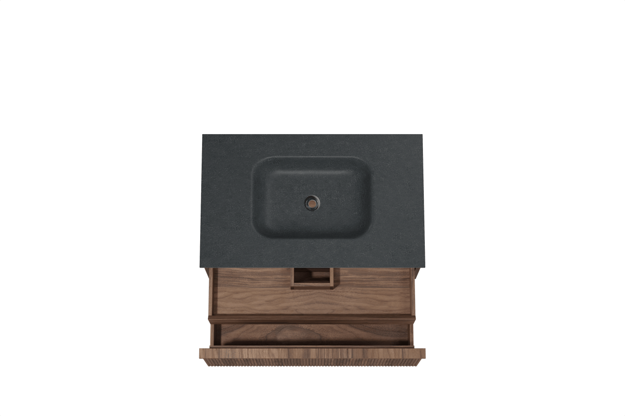 Balmani Forma meuble salle de bains suspendu 90 x 55 cm noyer américain avec Tablo Arcato plan simple en granit noir, Nervure droite symétrique verticale