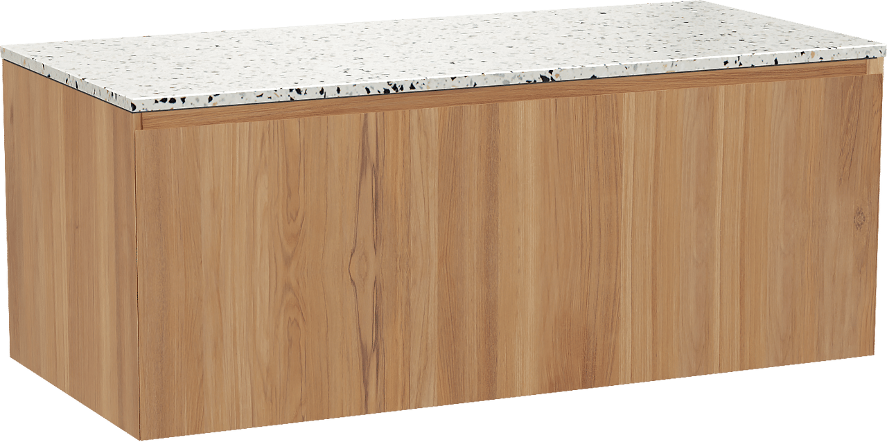 Balmani Idra hängendes Möbelstück Set: 120 x 55 cm, Teak, mit Stretto Einzel- oder Doppel Waschtischplatte, Terrazzo in Weiß/Schwarz matt