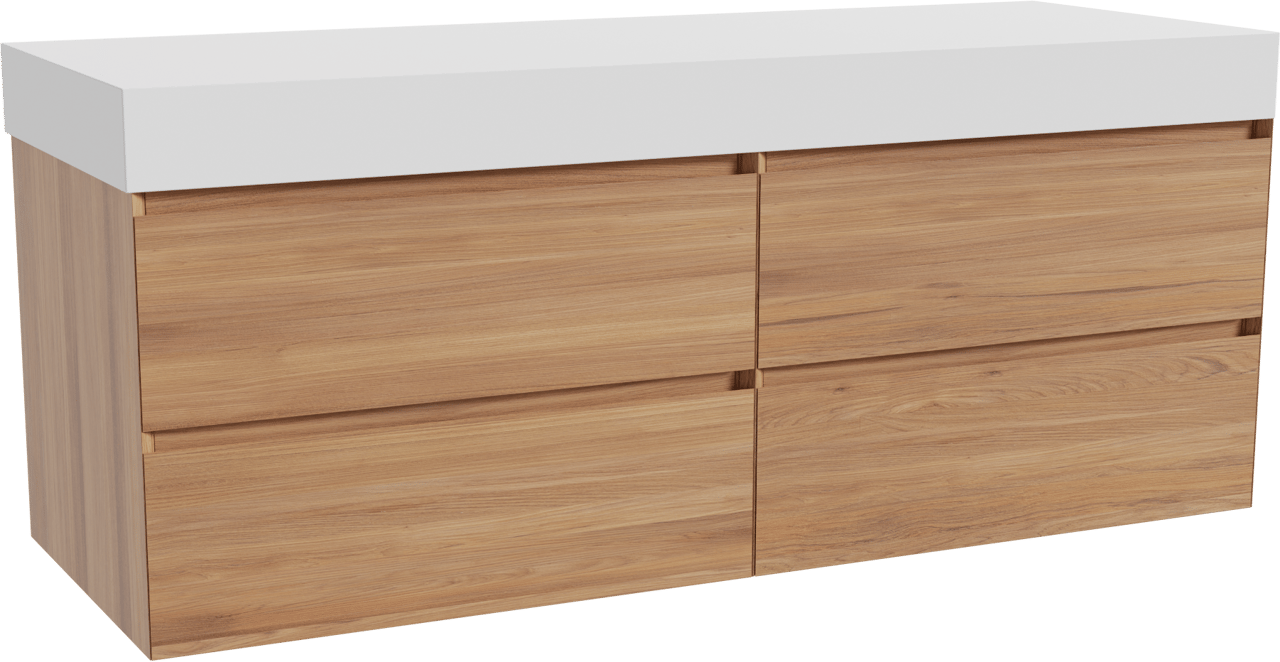 Balmani Mitra zwevend badkamermeubel 150 x 55 cm teak met Dominus enkel of dubbel tablet in solid surface mat wit