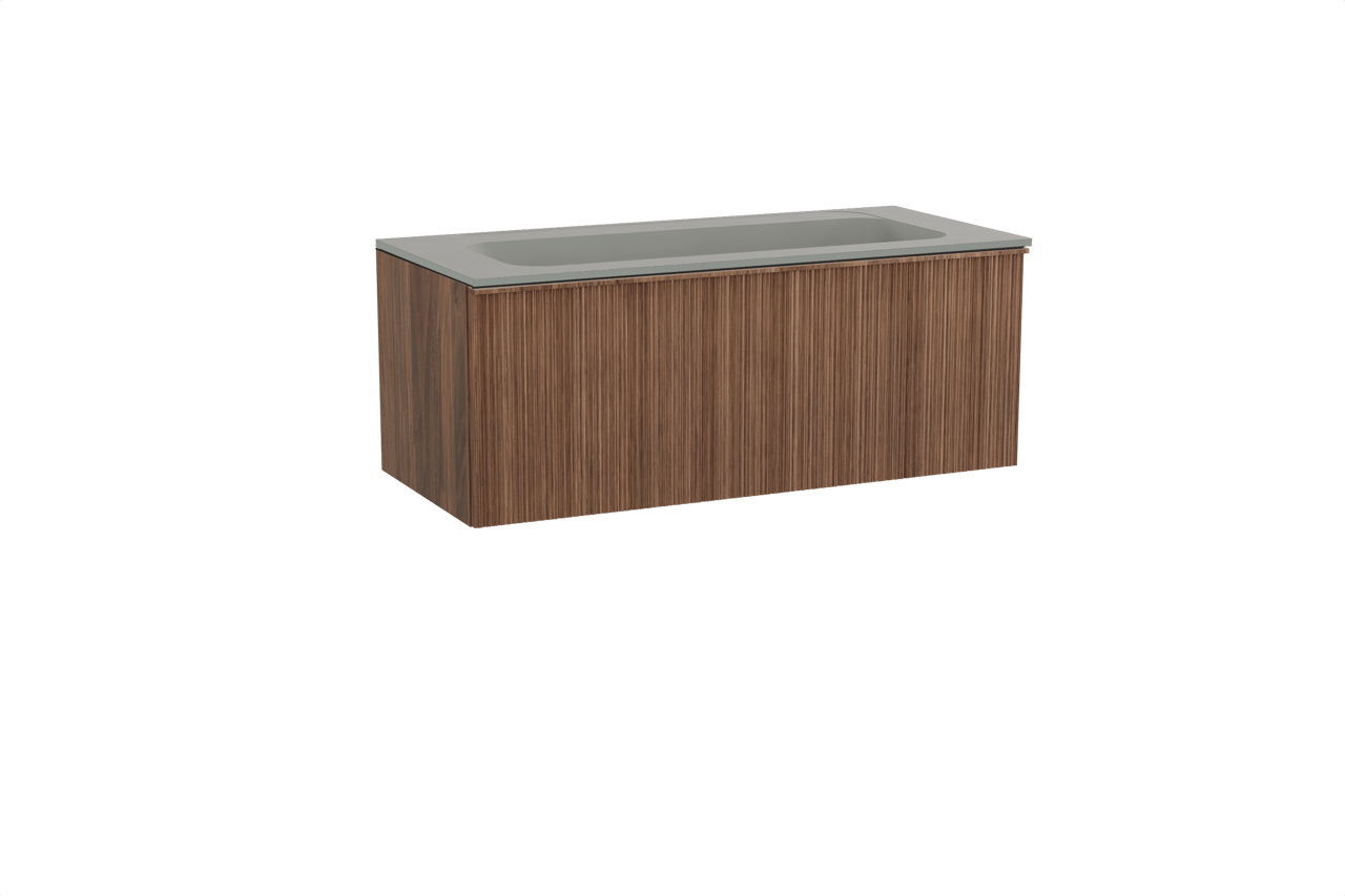 Balmani Forma hängendes Möbelstück Set: 120 x 55 cm, Amerikanischer Nussbaum, mit Tablo Strada Einzelwaschtisch für 2 Armaturenlöcher, Marmorkomposit, Seidengrau, Vertikale asymmetrische Runde Rippe