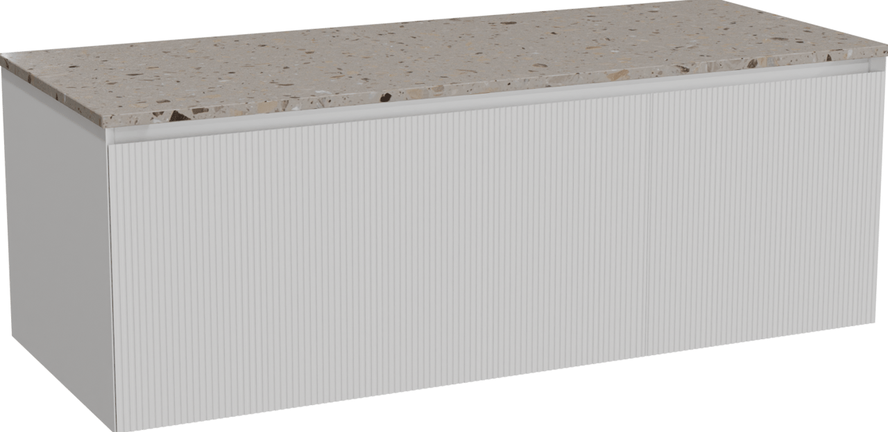 Balmani Fila by Mitra zwevend badmeubel 135 x 55 cm mat wit met Stretto enkel of dubbel wastafelblad in terrazzo greige terrazzo, Verticale symmetrische rechte ribbel