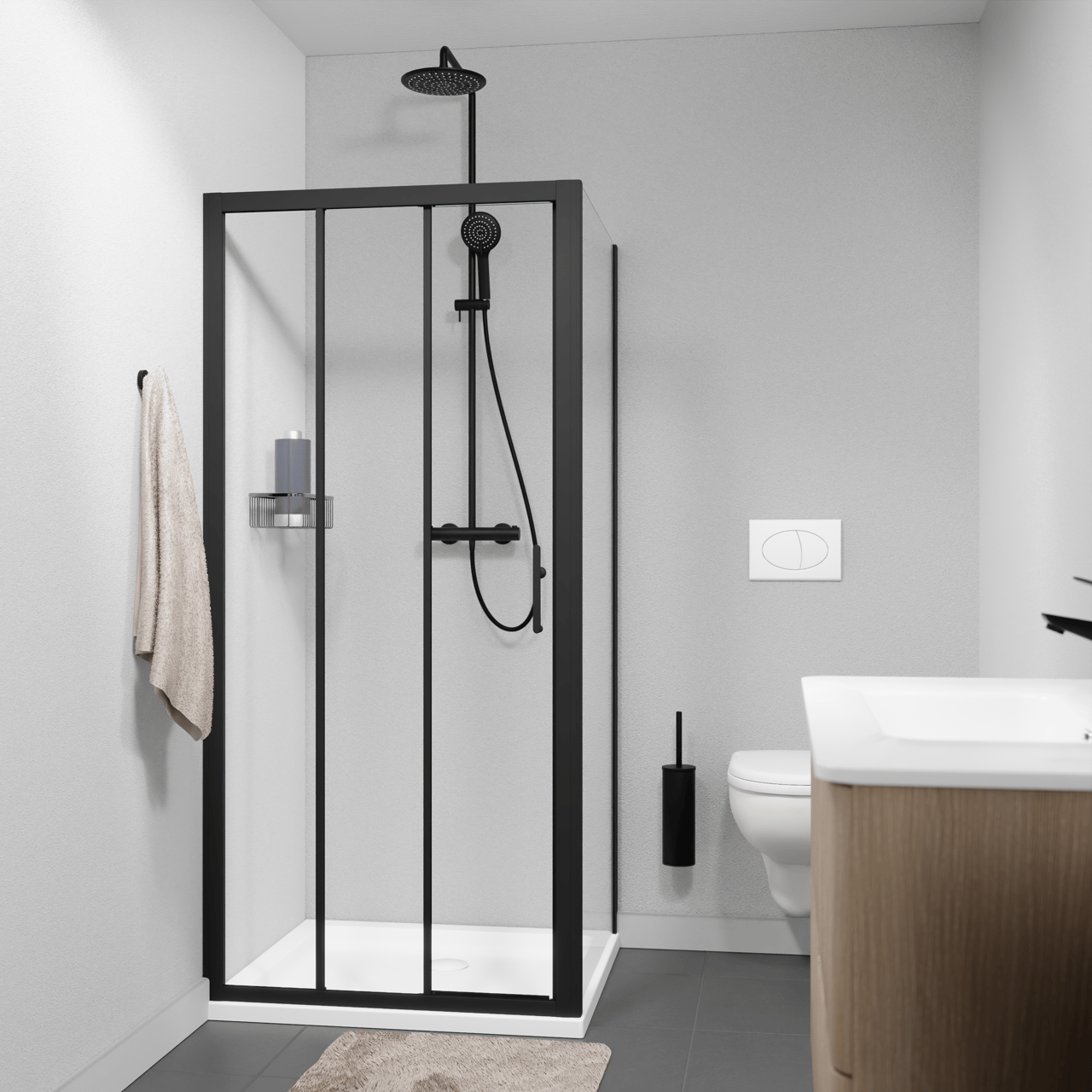 Linie Cadiz Eckdusche dreiteilige Schiebetür mit fixierter Seitenwand, 100 x 70 cm, Klarglas, Profil Schwarz