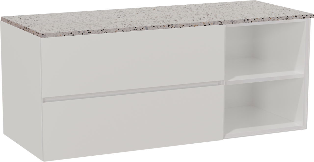 Storke Edge hängendes Möbelstück Set: 130 x 52 cm, Weiß glänzend, mit Tavola Einzel- oder Doppel Waschtischplatte, Terrazzo in Weiß/Schwarz matt