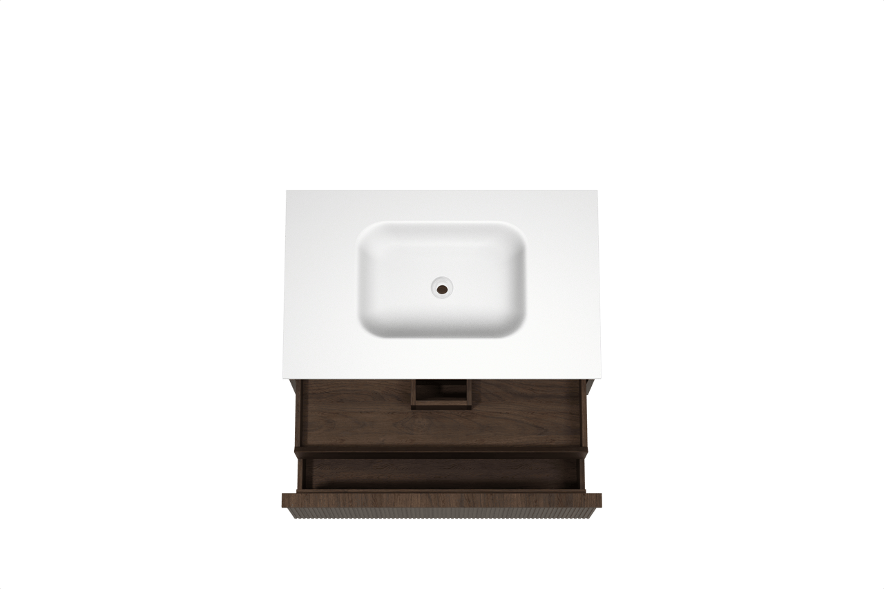 Balmani Forma zwevend badkamermeubel 90 x 55 cm gerookte eik met Tablo Arcato enkele wastafel in solid surface mat wit, Verticale symmetrische rechte ribbel