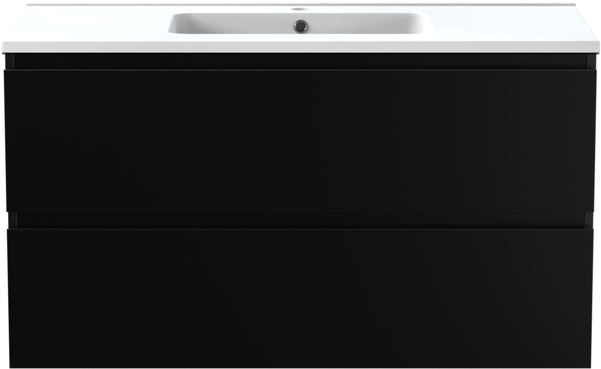 Linie Lado zwevend badkamermeubel 100 x 46 cm mat zwart met Vano enkele wastafel in composietmarmer mat wit