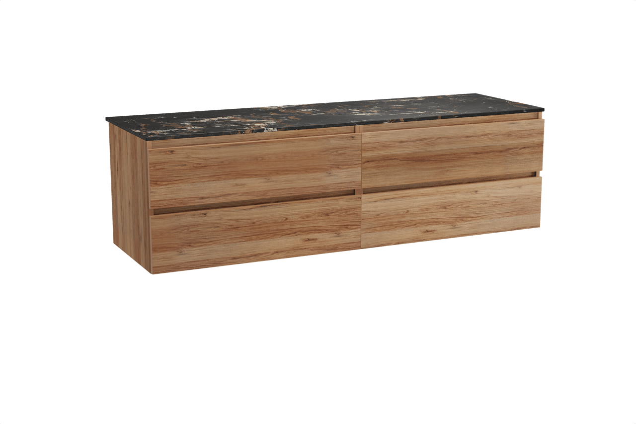 Balmani Lucida zwevend badkamermeubel 180 x 55 cm teak met Stretto enkel of dubbel tablet in marmer portoro gold