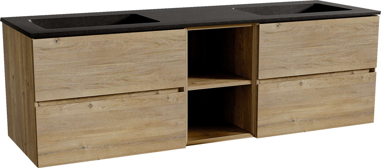 Storke Edge meuble salle de bains suspendu 165 x 52 cm chêne brut avec Scuro double vasque en quartz noir mat