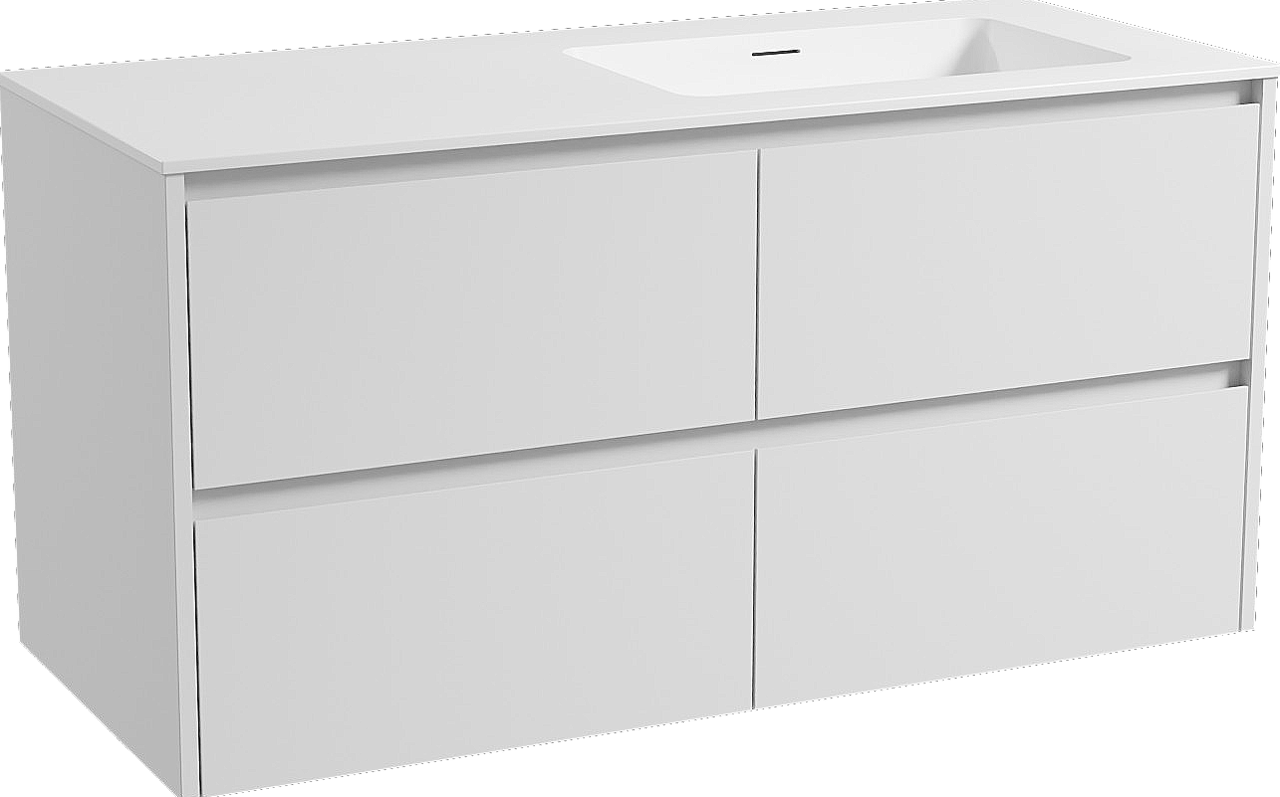 Storke Seda meuble salle de bains suspendu 120 x 52 cm blanc mat avec Mata vasque asymétrique droite en solid surface blanc mat